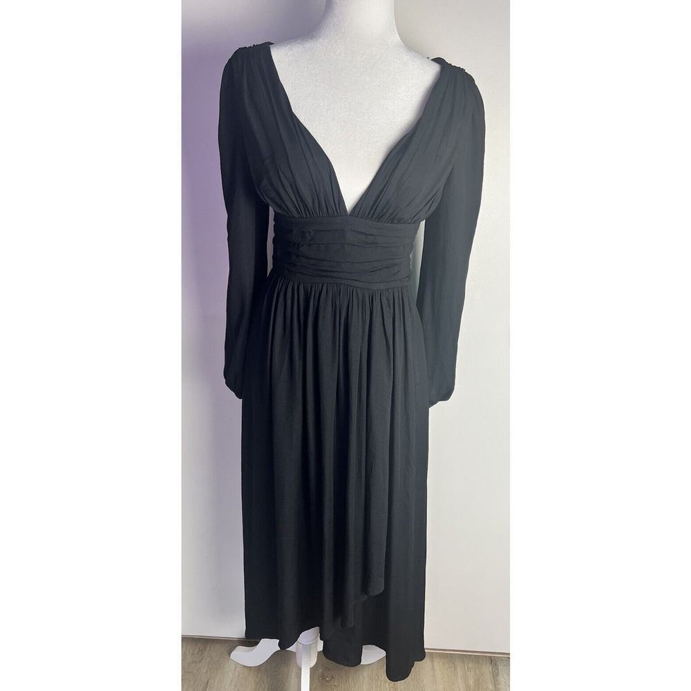Anthropologie Gwendolyn Deep V-Neck Long Puff Sleeve Black Midi Dress Sz 2 NWOT - Picture 3 of 12
